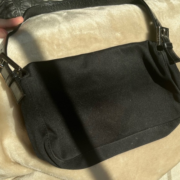 FENDI Black Satin and Leather Hobo Shoulder Bag. Baguette style Purse. - Picture 6 of 9